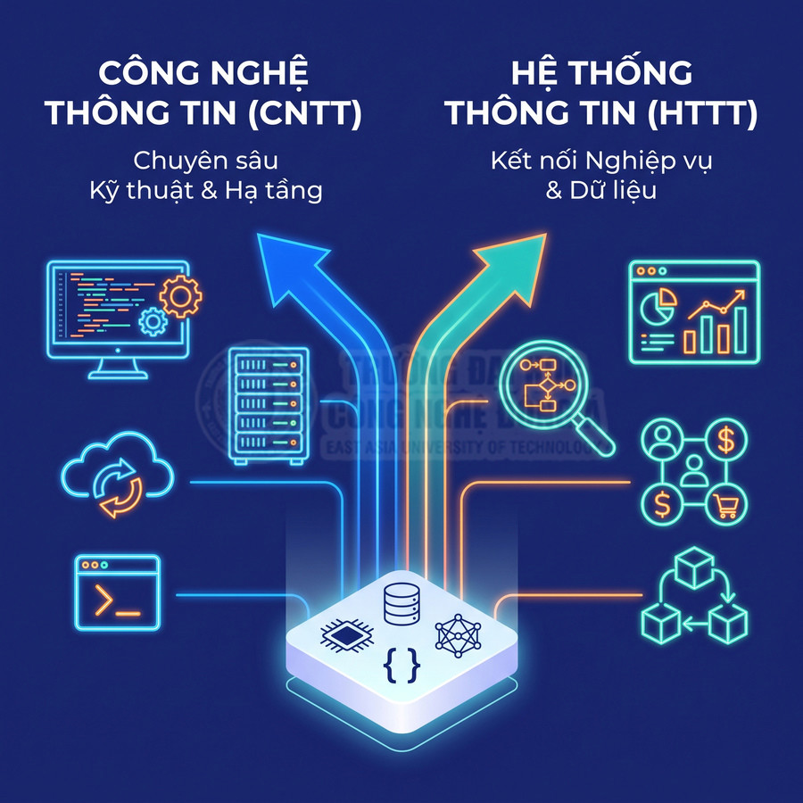 So sánh ngành Công nghệ thông tin và Hệ thống thông tin với các biểu tượng kỹ thuật và dữ liệu trực quan