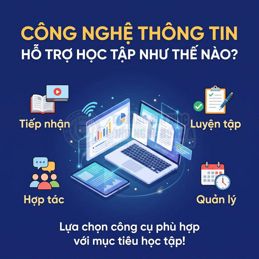 Laptop và máy tính bảng minh họa công nghệ thông tin hỗ trợ tiếp nhận kiến thức, luyện tập, hợp tác và quản lý học tập