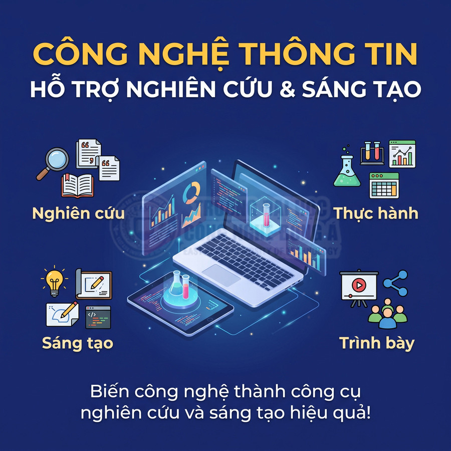 Laptop và máy tính bảng hiển thị dữ liệu, biểu đồ và mô phỏng thí nghiệm, minh họa công nghệ hỗ trợ nghiên cứu và sáng tạo
