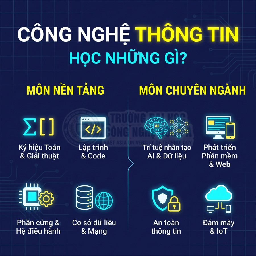 Các môn ngành Công nghệ thông tin gồm toán, lập trình, phần cứng, cơ sở dữ liệu, AI, phần mềm, bảo mật, đám mây và IoT