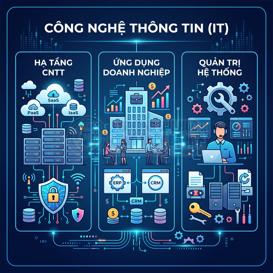 Minh họa công nghệ thông tin với hạ tầng đám mây, ứng dụng doanh nghiệp ERP CRM và quản trị hệ thống IT