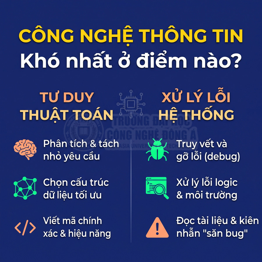 Công nghệ thông tin khó ở tư duy thuật toán và xử lý lỗi hệ thống, từ phân tích yêu cầu đến gỡ lỗi và viết mã hiệu quả.