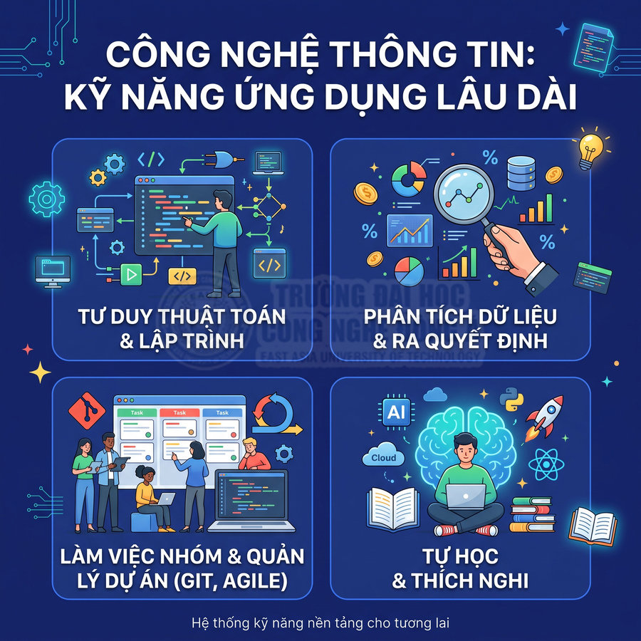 Poster kỹ năng công nghệ thông tin gồm lập trình, phân tích dữ liệu, quản lý dự án, tự học và thích nghi