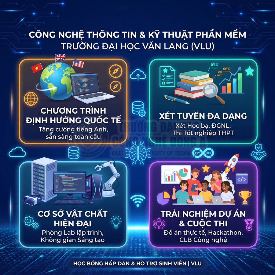 Poster giới thiệu ngành Công nghệ thông tin và Kỹ thuật phần mềm trường Đại học Văn Lang với chương trình, cơ sở vật chất, trải nghiệm