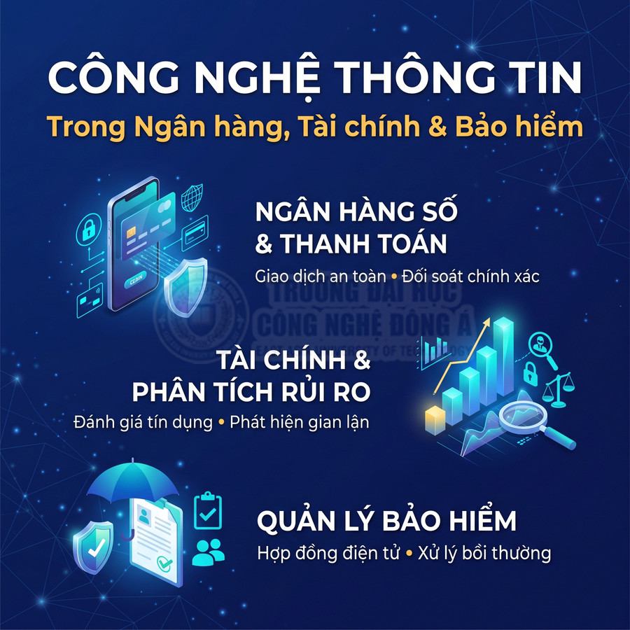 Công nghệ thông tin trong ngân hàng, tài chính và bảo hiểm với biểu tượng thanh toán số, phân tích rủi ro và quản lý bảo hiểm