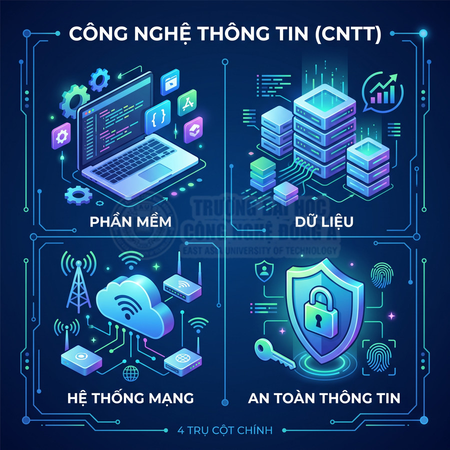 Minh họa bốn trụ cột công nghệ thông tin gồm phần mềm, dữ liệu, hệ thống mạng và an toàn thông tin