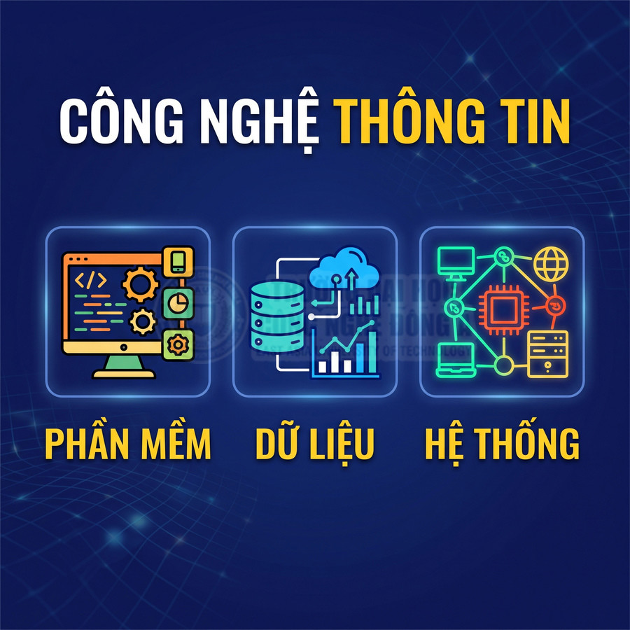 Các lĩnh vực công nghệ thông tin gồm phần mềm, dữ liệu và hệ thống máy tính kết nối mạng