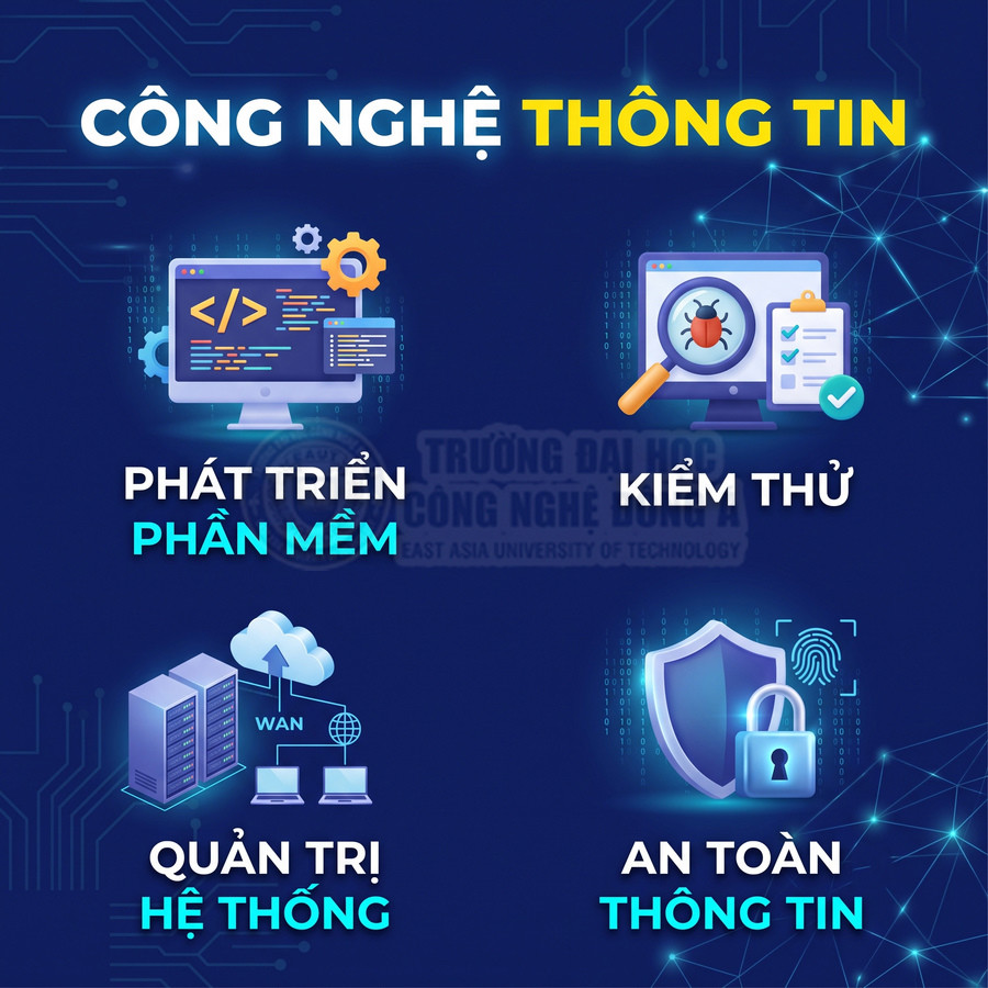 Các lĩnh vực công nghệ thông tin gồm phát triển phần mềm, kiểm thử, quản trị hệ thống và an toàn thông tin