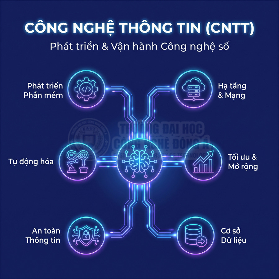 Sơ đồ các lĩnh vực ngành Công nghệ thông tin gồm phát triển phần mềm, hạ tầng mạng, tự động hóa, an toàn thông tin, cơ sở dữ liệu