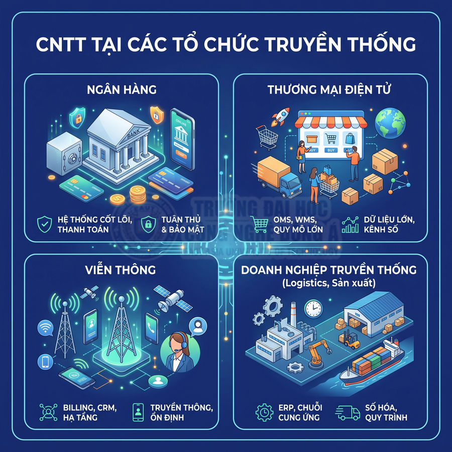 Infographic vai trò CNTT trong ngân hàng, thương mại điện tử, viễn thông và doanh nghiệp truyền thống