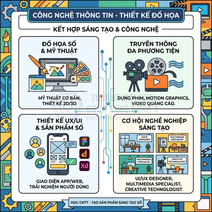 Poster giới thiệu ngành công nghệ thông tin thiết kế đồ họa, UX UI, truyền thông đa phương tiện và cơ hội nghề nghiệp sáng tạo