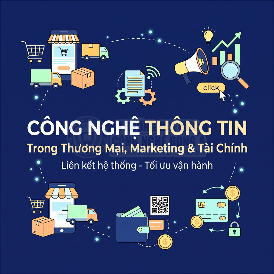 Công nghệ thông tin trong thương mại, marketing và tài chính với biểu tượng mua sắm, giao hàng và thanh toán trực tuyến