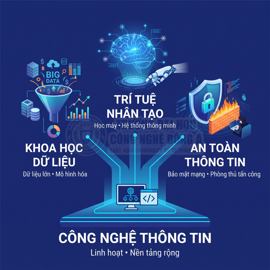 Minh họa các lĩnh vực công nghệ thông tin gồm khoa học dữ liệu, trí tuệ nhân tạo và an toàn thông tin