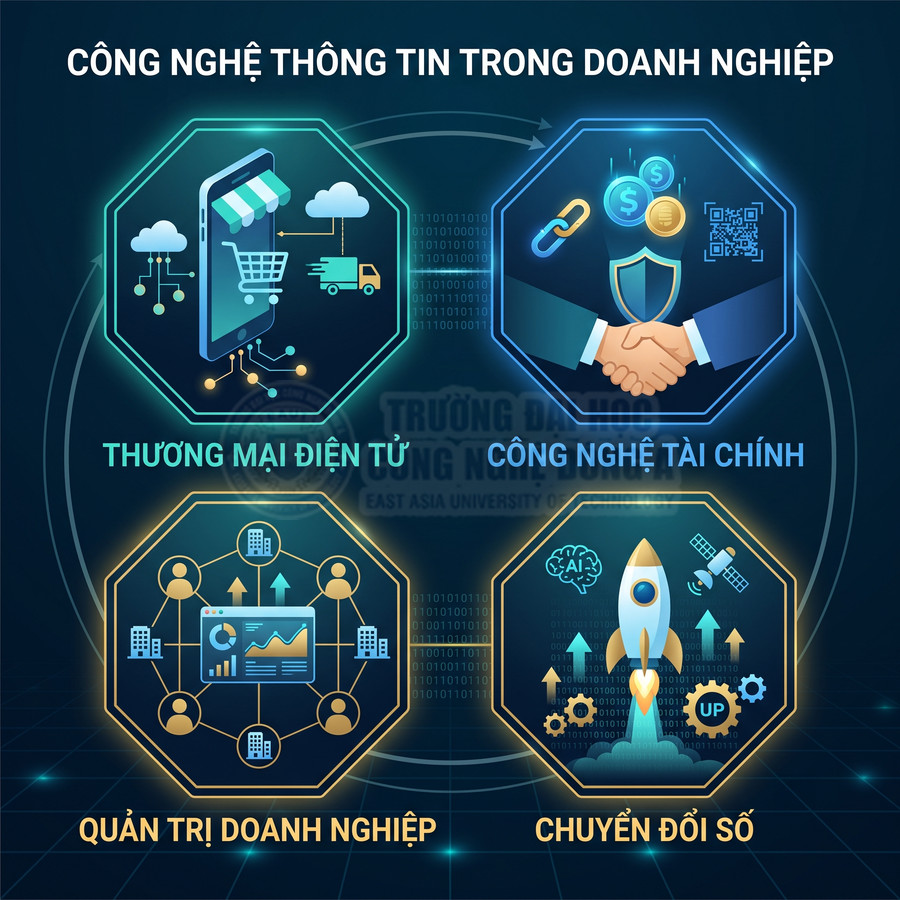 Minh họa các lĩnh vực thương mại điện tử, công nghệ tài chính, quản trị doanh nghiệp và chuyển đổi số trong doanh nghiệp