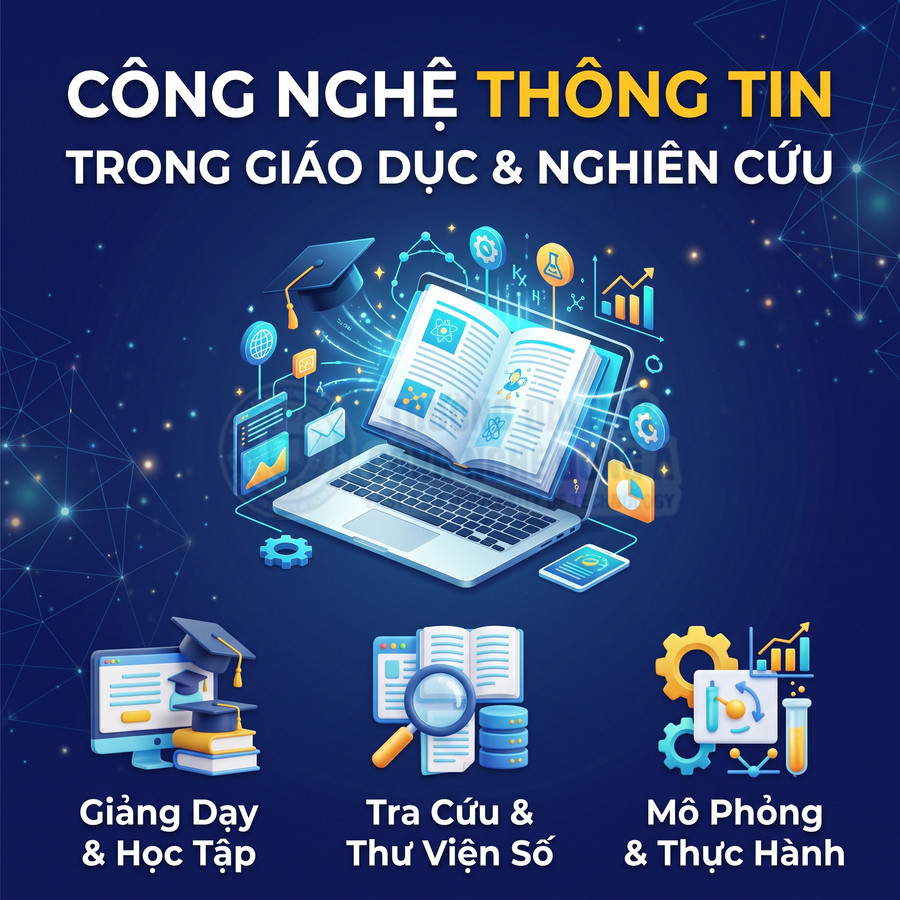 Công nghệ thông tin trong giáo dục và nghiên cứu với laptop, sách điện tử, học trực tuyến, thư viện số và mô phỏng thực hành