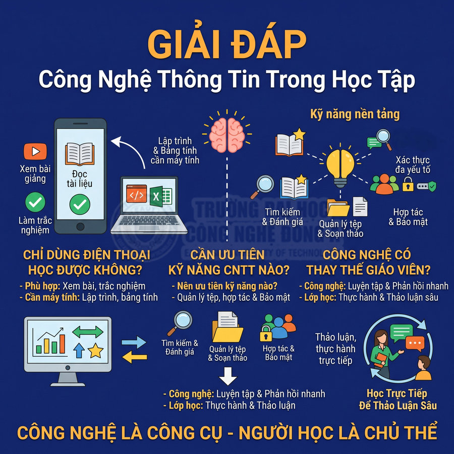 Nội dung về công nghệ thông tin trong học tập, minh họa kỹ năng số và học trực tiếp để thảo luận sâu