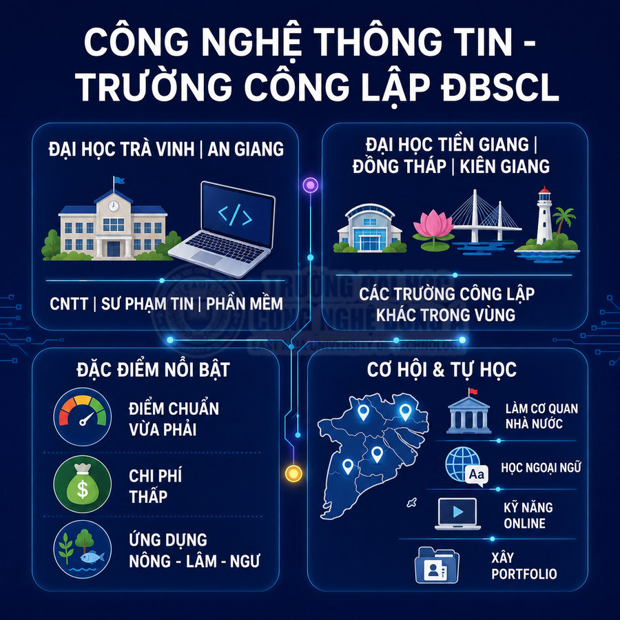 Infographic giới thiệu ngành công nghệ thông tin tại các trường đại học công lập khu vực Đồng bằng sông Cửu Long