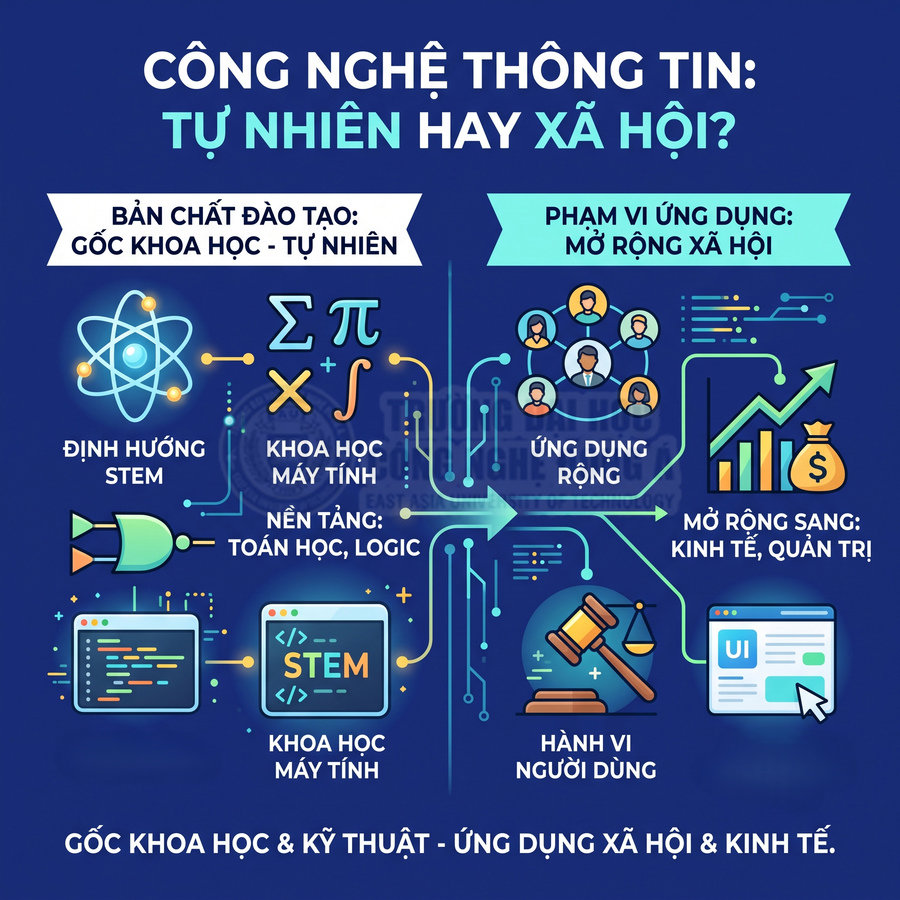 Infographic công nghệ thông tin: gốc khoa học tự nhiên, định hướng STEM, mở rộng ứng dụng xã hội, kinh tế và quản trị