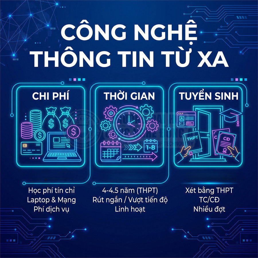 Poster giới thiệu chương trình học công nghệ thông tin từ xa với thông tin về chi phí thời gian và tuyển sinh