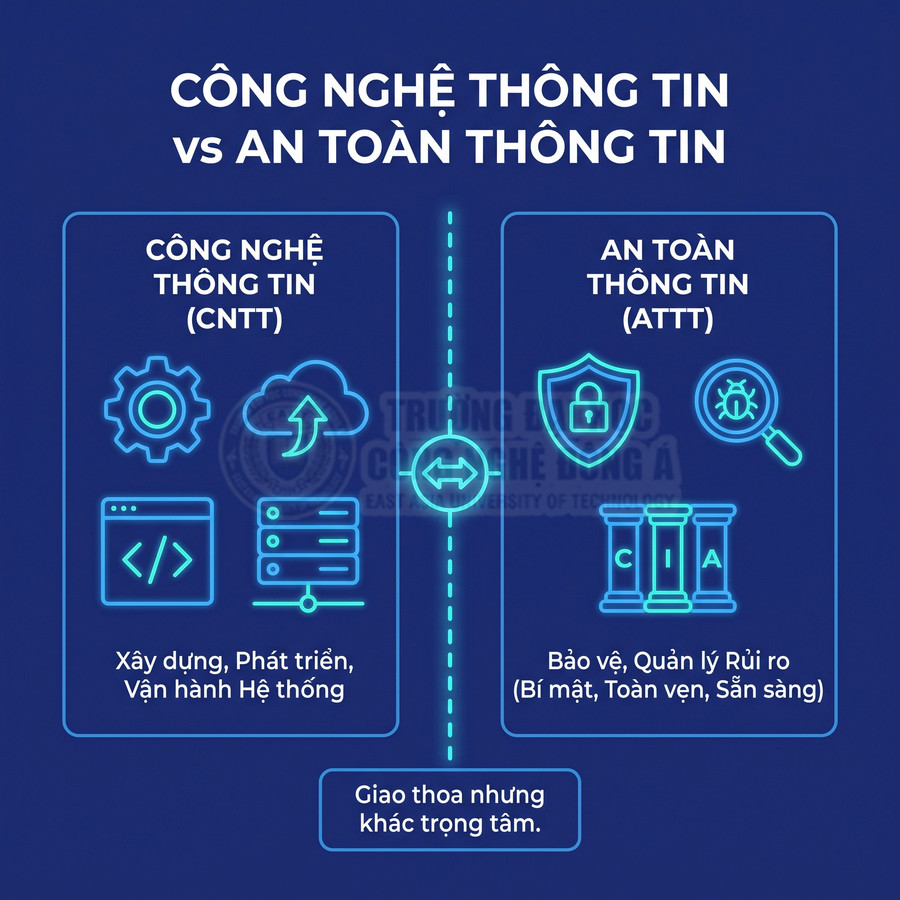 So sánh công nghệ thông tin và an toàn thông tin trong phát triển hệ thống, bảo vệ dữ liệu và quản lý rủi ro