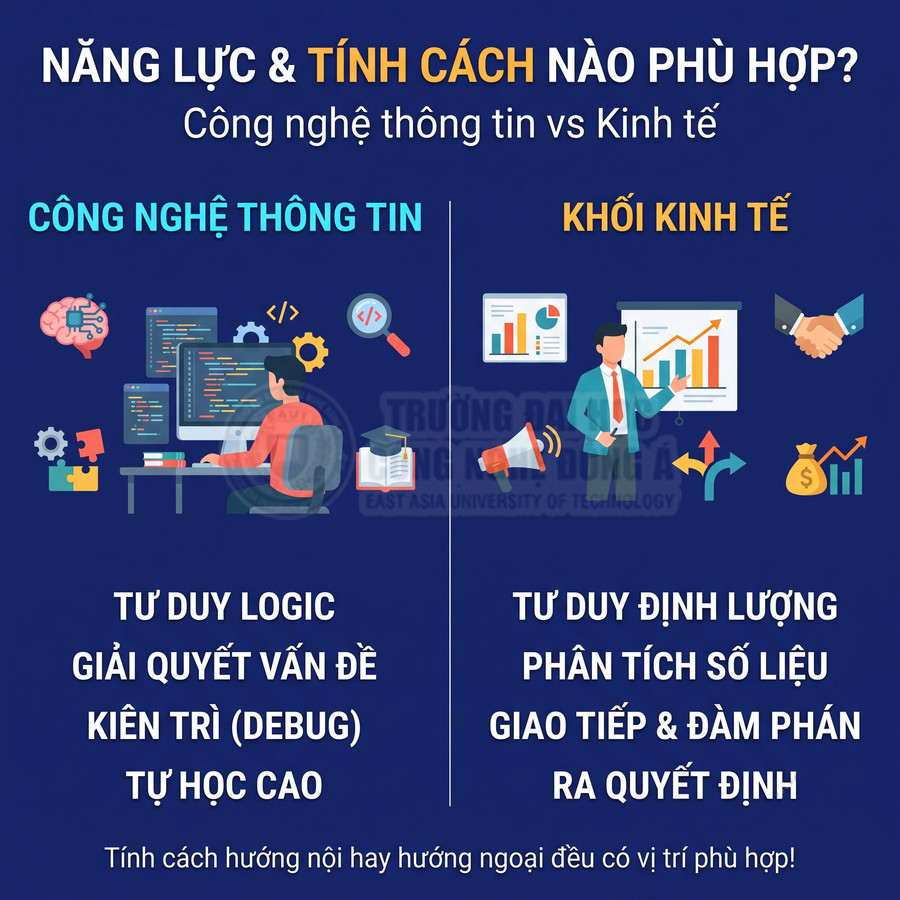Hình minh họa so sánh ngành Công nghệ thông tin và khối Kinh tế cùng các kỹ năng phù hợp cho mỗi ngành