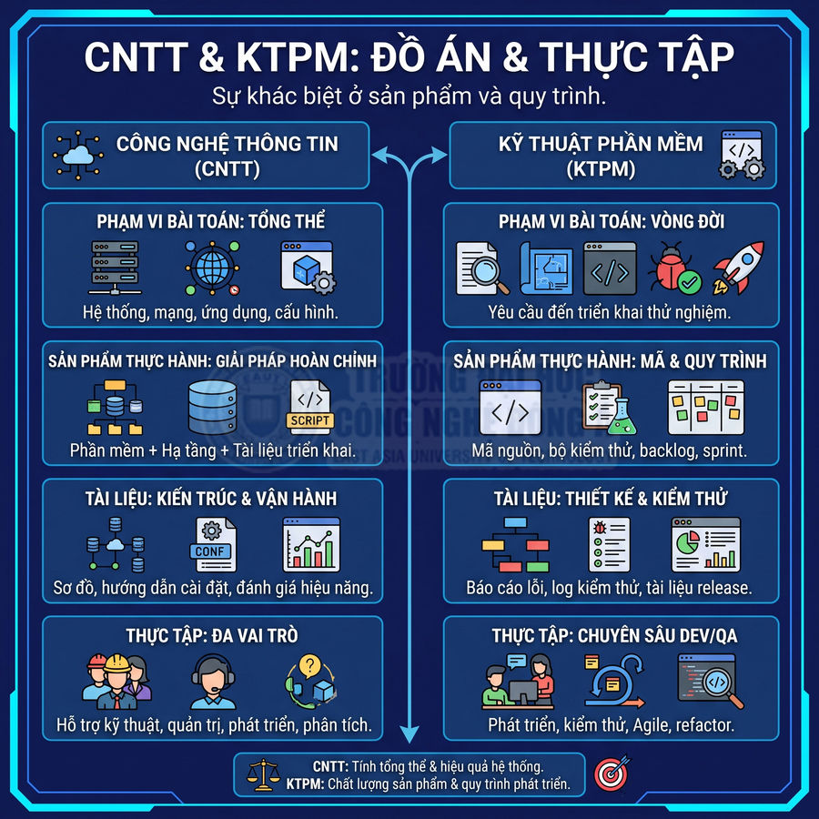 So sánh Công nghệ thông tin và Kỹ thuật phần mềm về đồ án, sản phẩm thực hành, tài liệu và thực tập