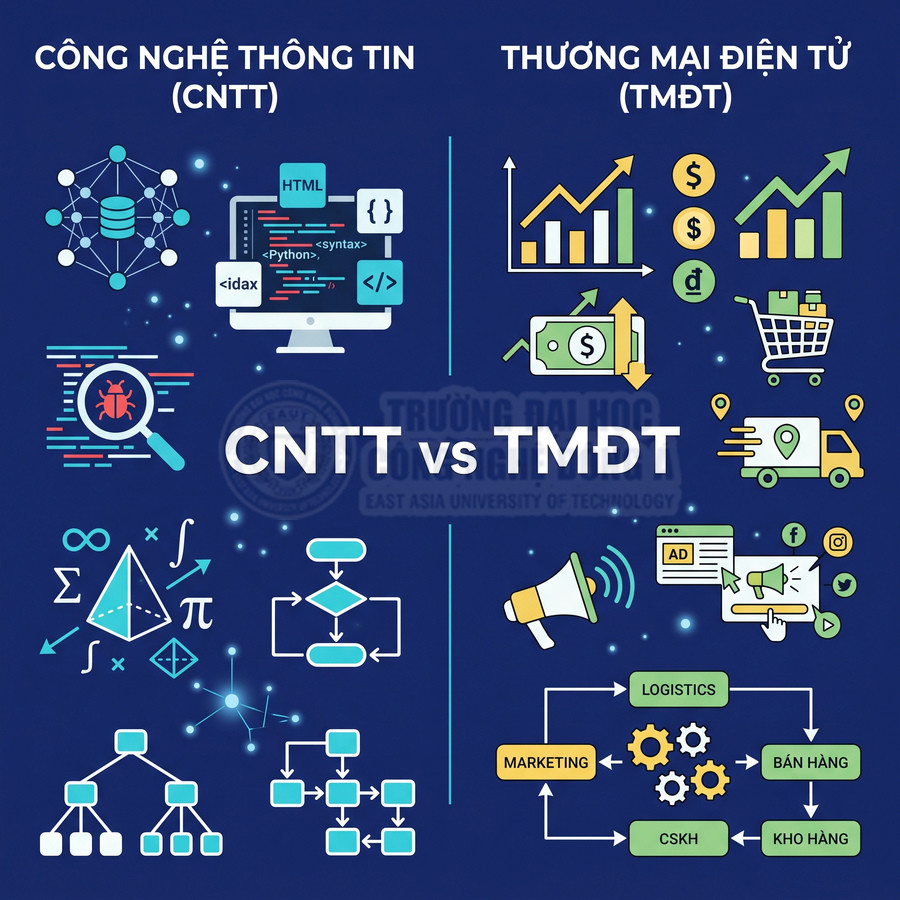 Minh họa so sánh ngành Công nghệ thông tin và Thương mại điện tử với lập trình, dữ liệu, bán hàng và logistics