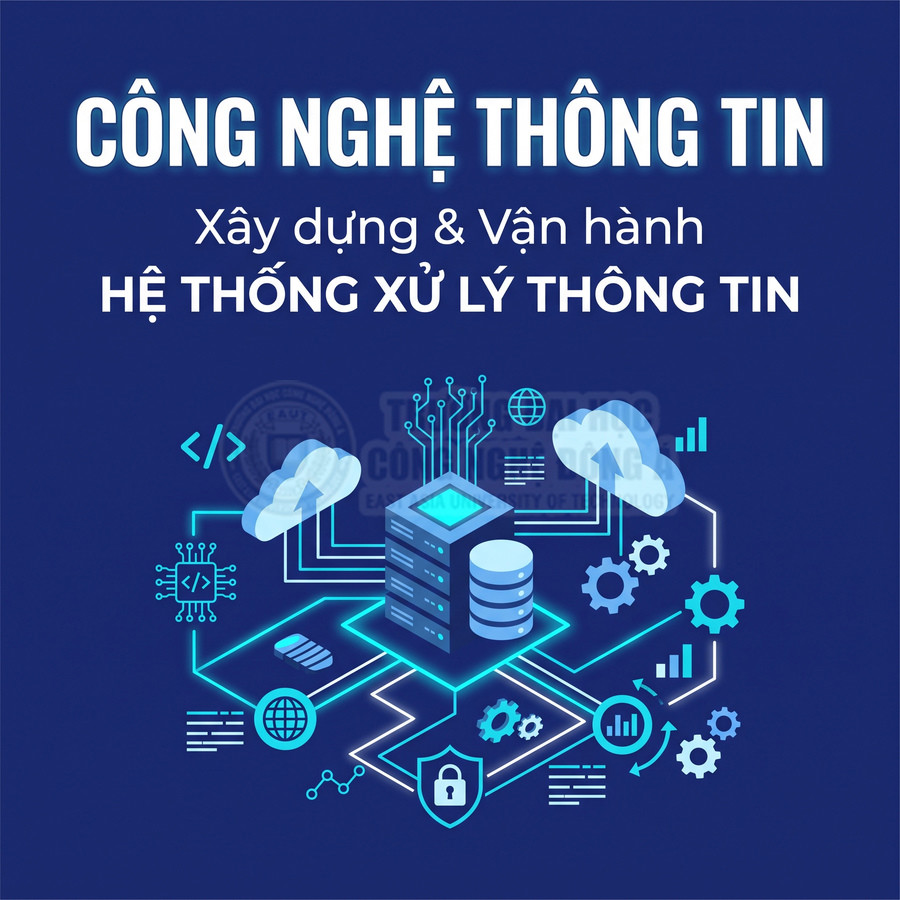 Minh họa hệ thống công nghệ thông tin với máy chủ, cơ sở dữ liệu, điện toán đám mây và bảo mật mạng
