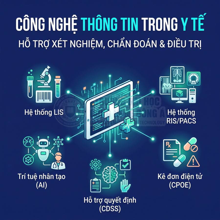 Minh họa công nghệ thông tin y tế với hệ thống LIS, RIS/PACS, trí tuệ nhân tạo, hỗ trợ quyết định và kê đơn điện tử