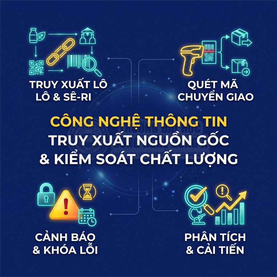 Công nghệ thông tin truy xuất nguồn gốc và kiểm soát chất lượng với quét mã, cảnh báo lỗi và phân tích dữ liệu