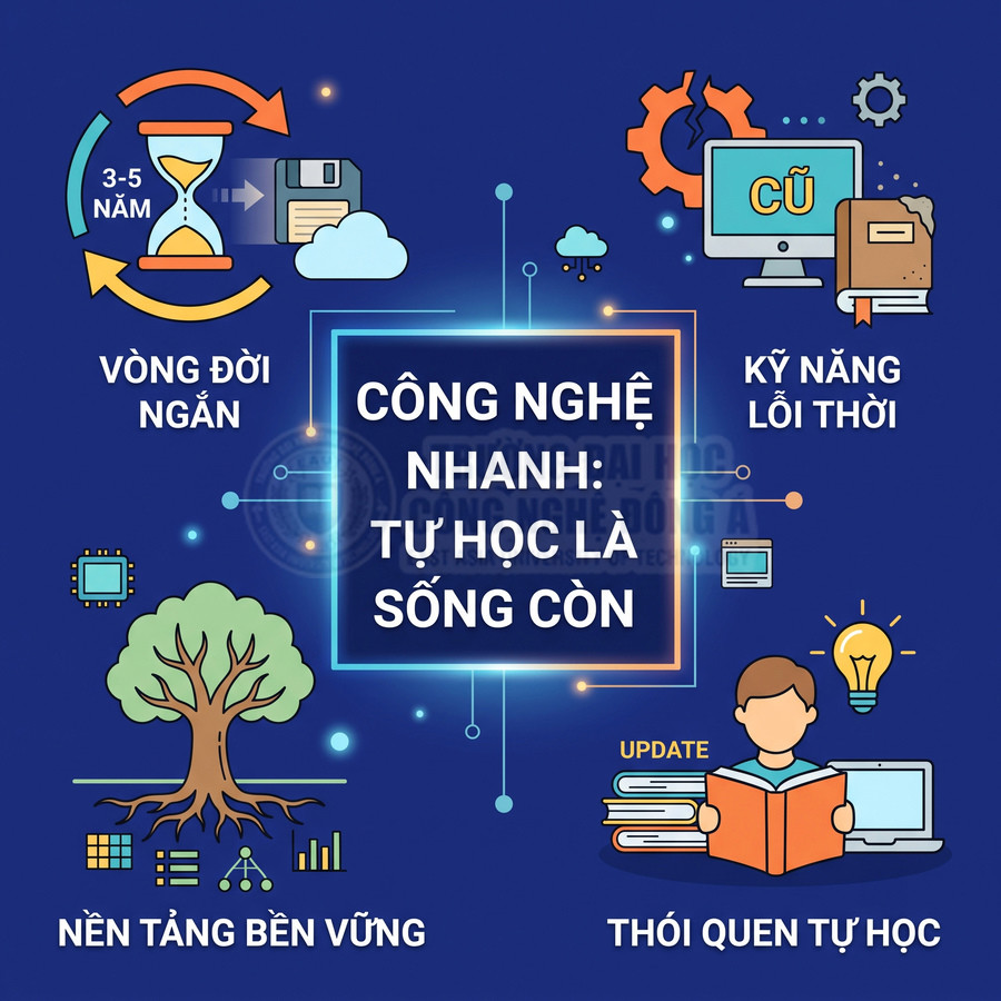 Minh họa công nghệ thay đổi nhanh, nhấn mạnh kỹ năng tự học, cập nhật kiến thức và xây nền tảng bền vững