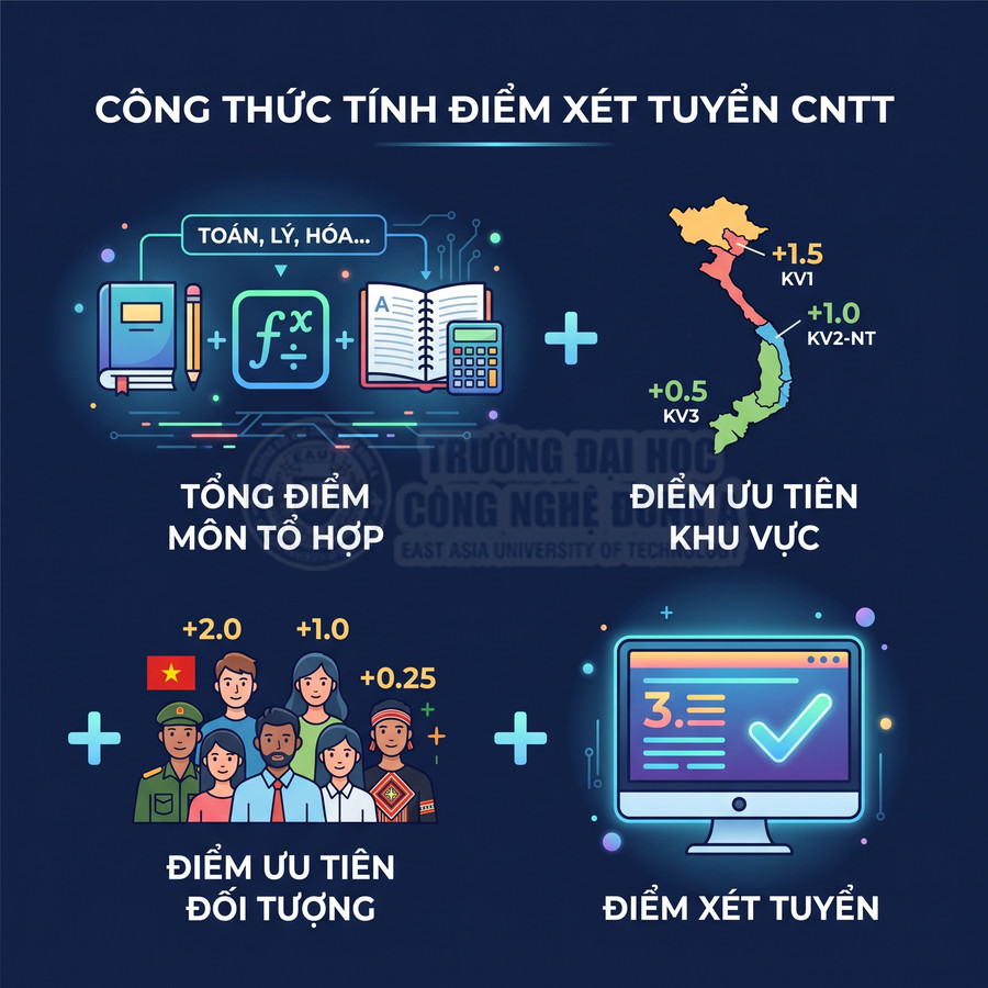 Công thức tính điểm xét tuyển CNTT với tổng điểm môn tổ hợp, điểm ưu tiên khu vực và đối tượng minh họa trực quan