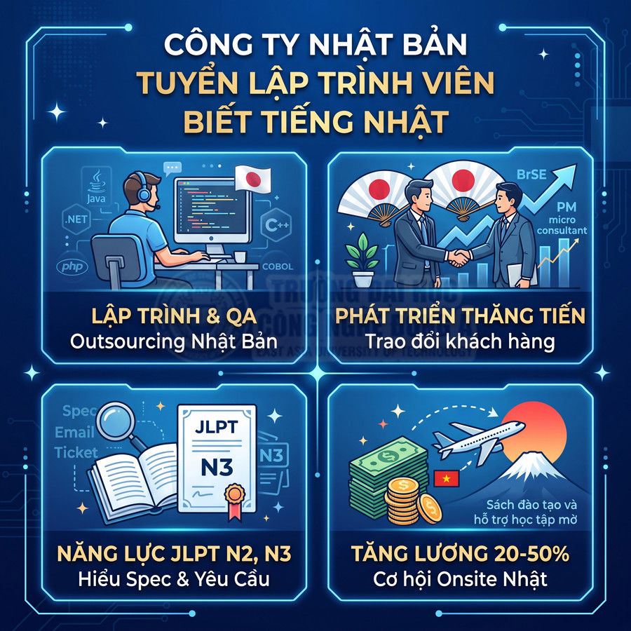 Poster tuyển lập trình viên biết tiếng Nhật với cơ hội thăng tiến, tăng lương và onsite tại công ty Nhật Bản