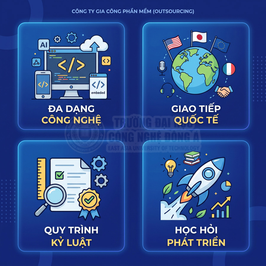 Poster giới thiệu công ty gia công phần mềm với đa dạng công nghệ, giao tiếp quốc tế, quy trình kỷ luật, học hỏi phát triển