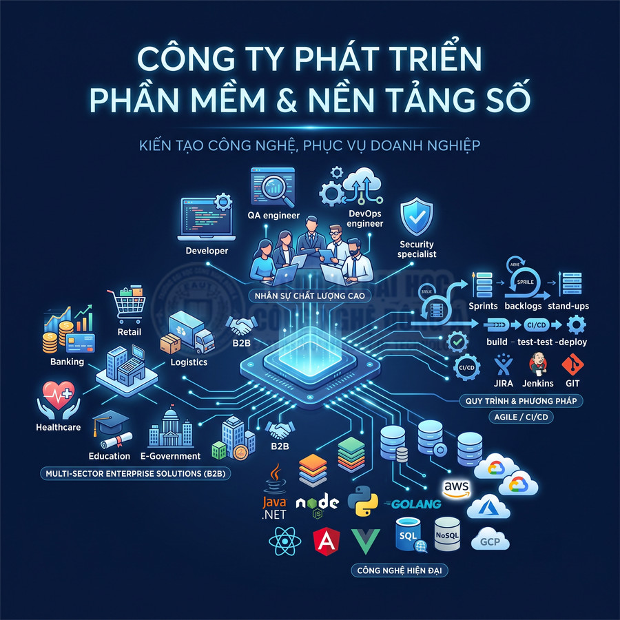 Mô hình dịch vụ phát triển phần mềm và nền tảng số cho doanh nghiệp, đa ngành, dùng công nghệ hiện đại và quy trình Agile