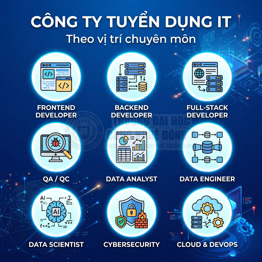 Banner tuyển dụng công ty IT với các vị trí frontend, backend, full stack, QA QC, data, AI, bảo mật, cloud DevOps