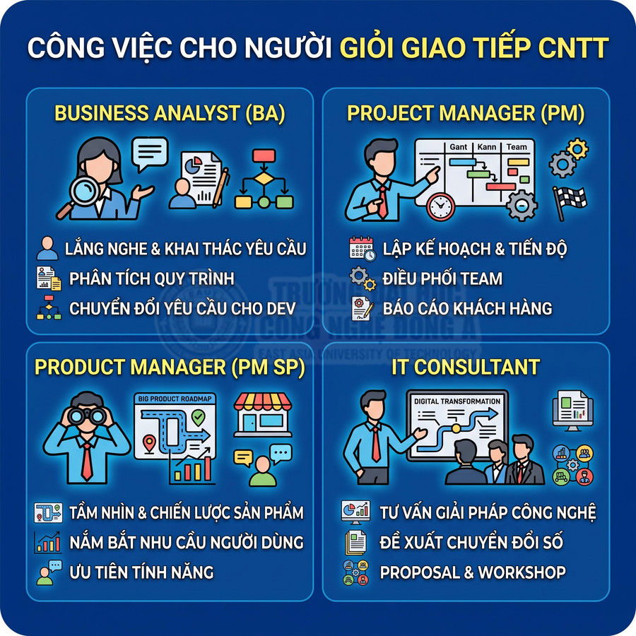 Infographic các vị trí nghề nghiệp CNTT cho người giỏi giao tiếp như BA, PM, Product Manager, IT Consultant