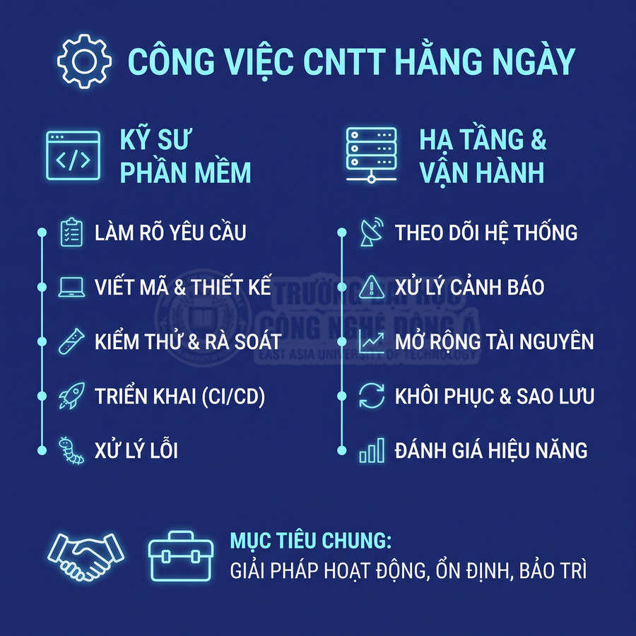 Công việc CNTT hằng ngày gồm phát triển phần mềm, vận hành hạ tầng, xử lý sự cố và bảo trì hệ thống ổn định