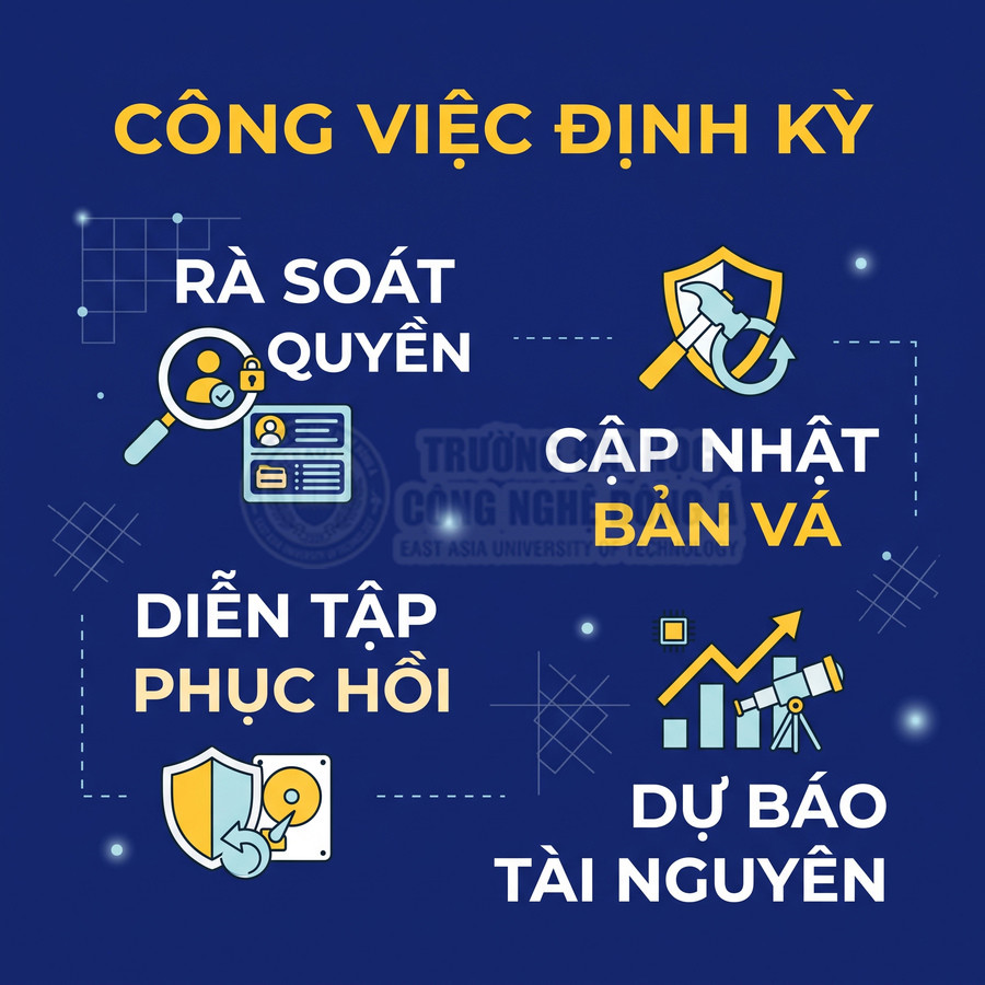 Các công việc định kỳ gồm rà soát quyền, cập nhật bản vá, diễn tập phục hồi và dự báo tài nguyên