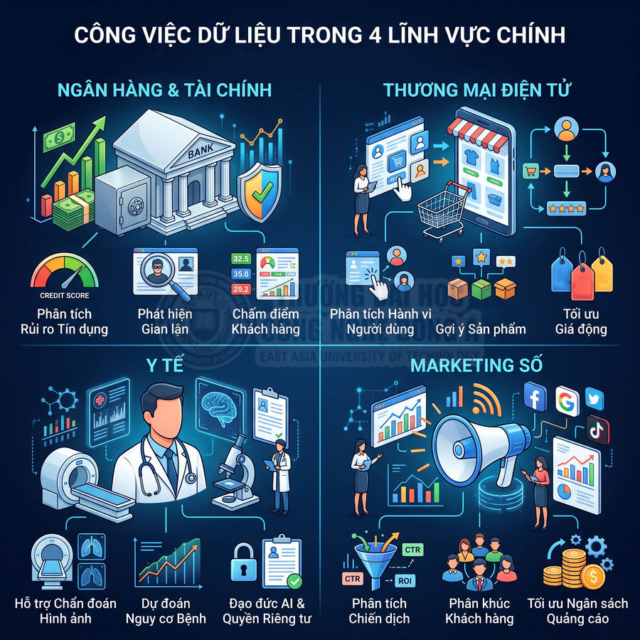 Ứng dụng phân tích dữ liệu trong ngân hàng, thương mại điện tử, y tế và marketing số với các biểu tượng minh họa