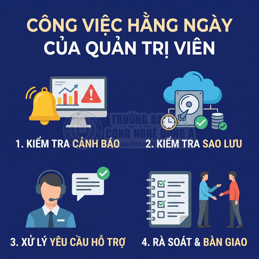 Công việc hằng ngày của quản trị viên gồm kiểm tra cảnh báo, sao lưu, xử lý yêu cầu hỗ trợ và rà soát bàn giao