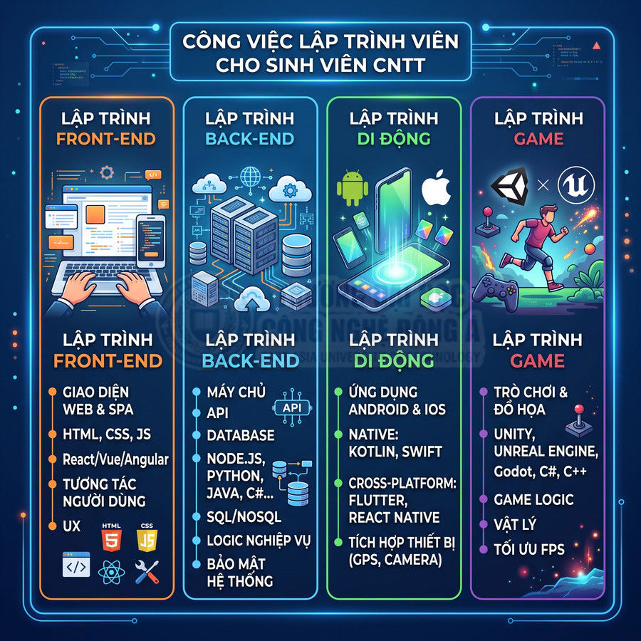 Infographic các mảng công việc lập trình front end, back end, di động và game cho sinh viên CNTT