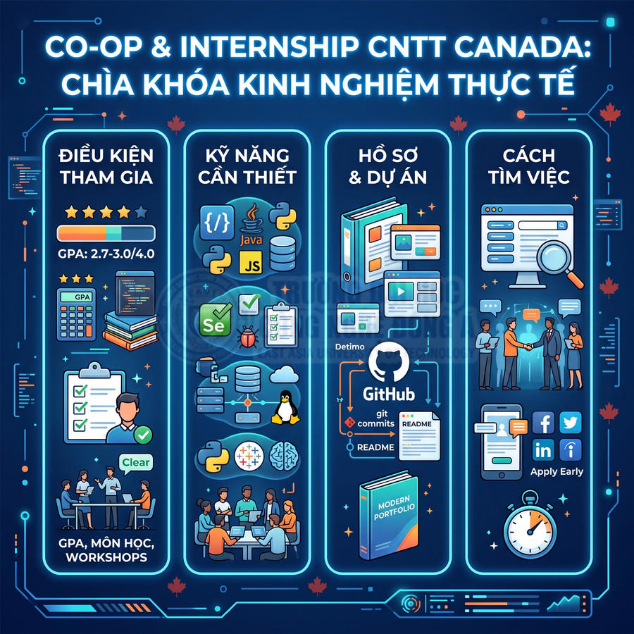 Infographic hướng dẫn chuẩn bị co-op và internship ngành CNTT tại Canada với điều kiện, kỹ năng, hồ sơ và cách tìm việc