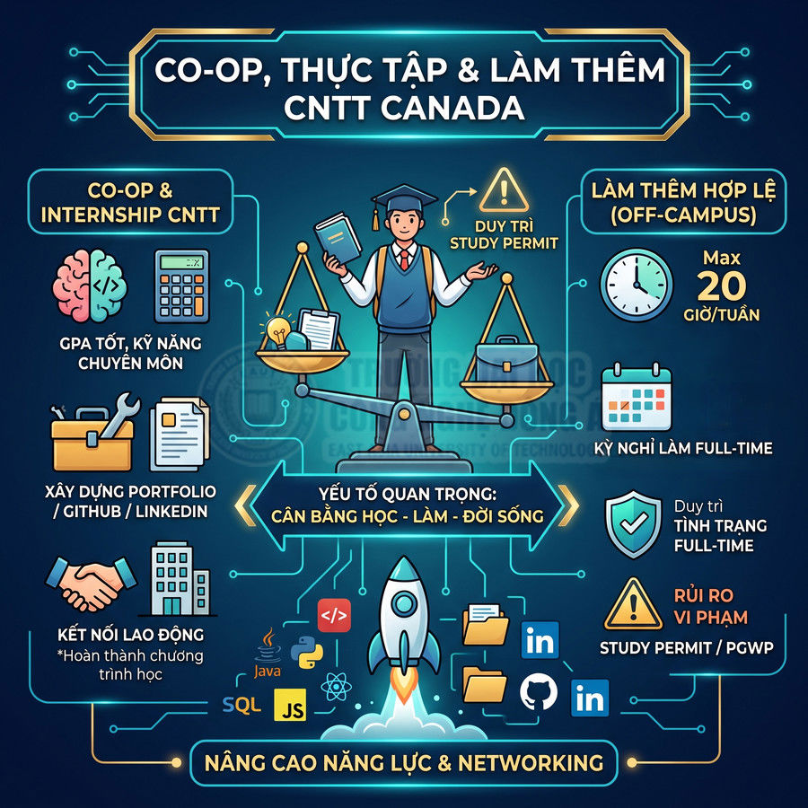 Infographic hướng dẫn co-op, thực tập và làm thêm ngành CNTT tại Canada, nhấn mạnh cân bằng học tập và công việc