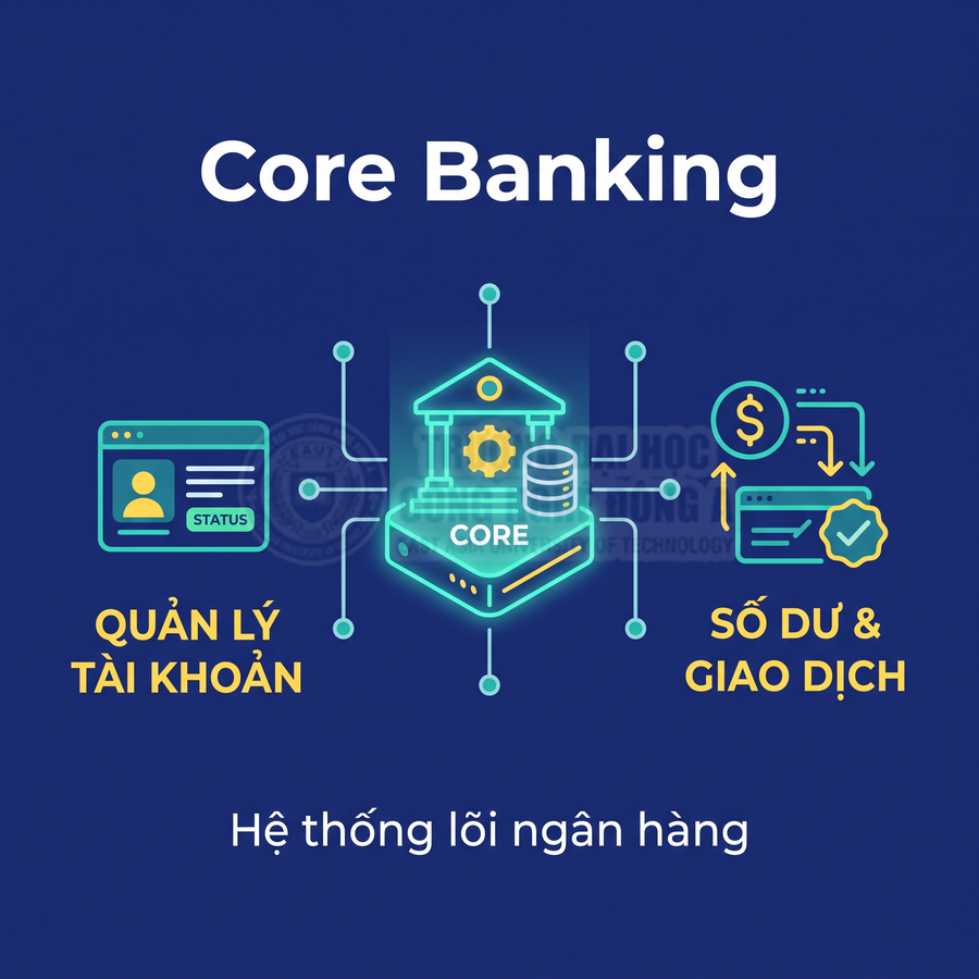 Hệ thống Core Banking quản lý tài khoản, số dư và giao dịch ngân hàng trên nền tảng lõi trung tâm