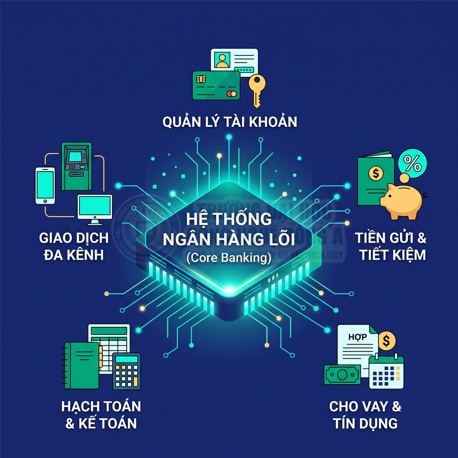 Hệ thống ngân hàng lõi Core Banking kết nối giao dịch đa kênh, quản lý tài khoản, tiền gửi, kế toán và tín dụng