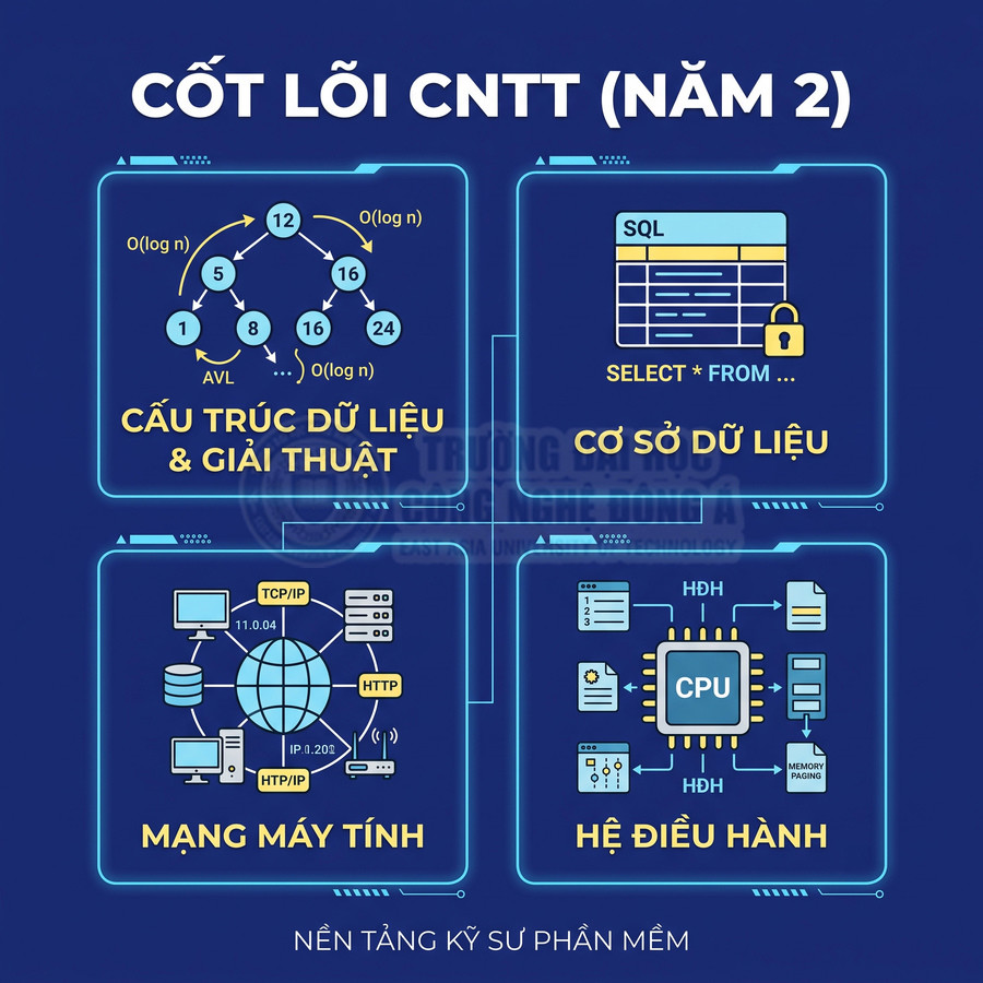 Infographic các môn cốt lõi CNTT năm 2 gồm cấu trúc dữ liệu, cơ sở dữ liệu, mạng máy tính, hệ điều hành