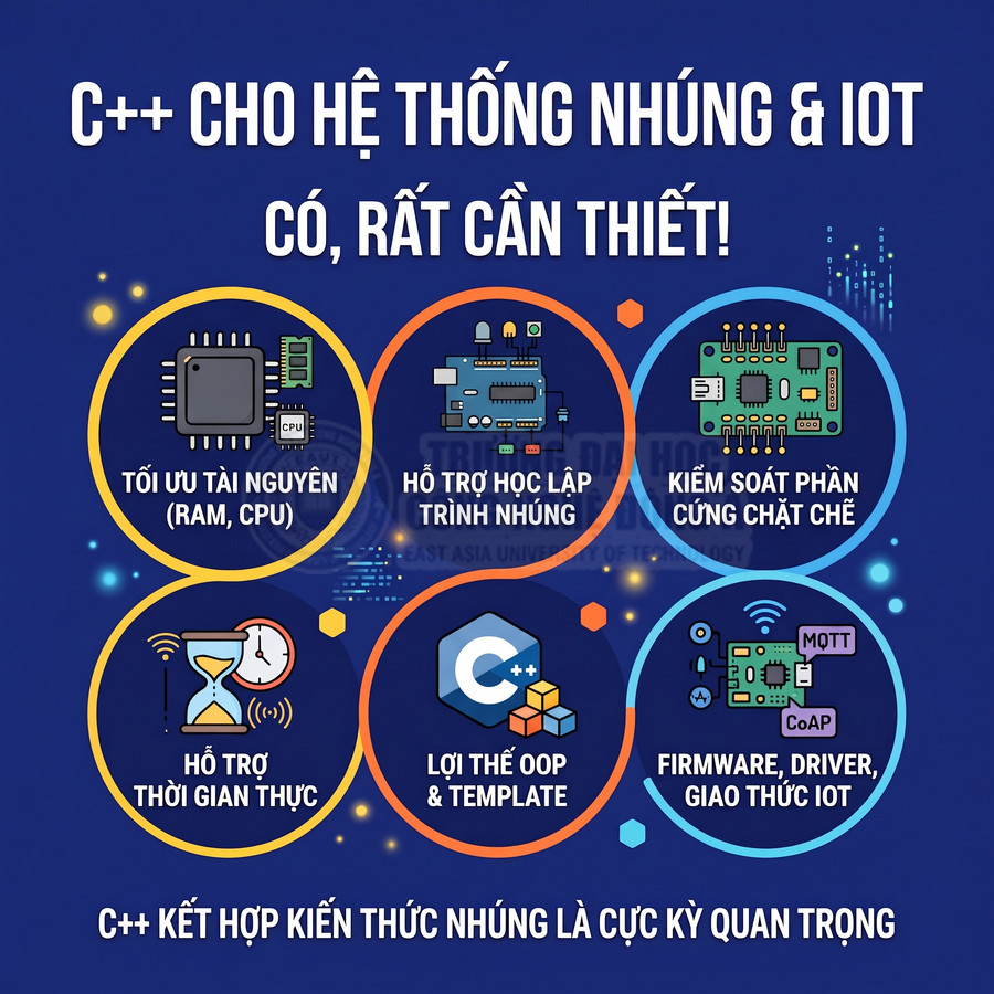 Infographic lợi ích C++ cho hệ thống nhúng và IoT như tối ưu tài nguyên, lập trình nhúng, firmware và giao thức IoT