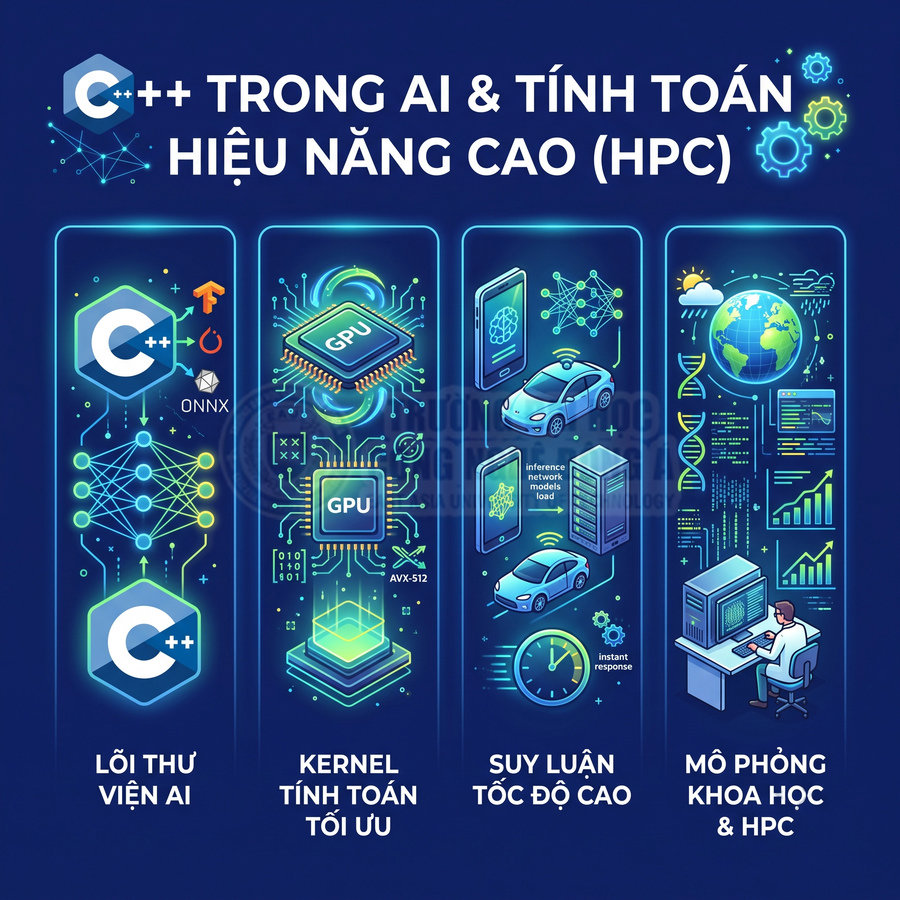 Minh họa vai trò của C++ trong AI và tính toán hiệu năng cao HPC với GPU, suy luận nhanh và mô phỏng khoa học