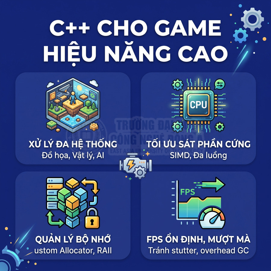 Poster giới thiệu lợi ích dùng C++ cho lập trình game hiệu năng cao với xử lý đa hệ thống và tối ưu phần cứng
